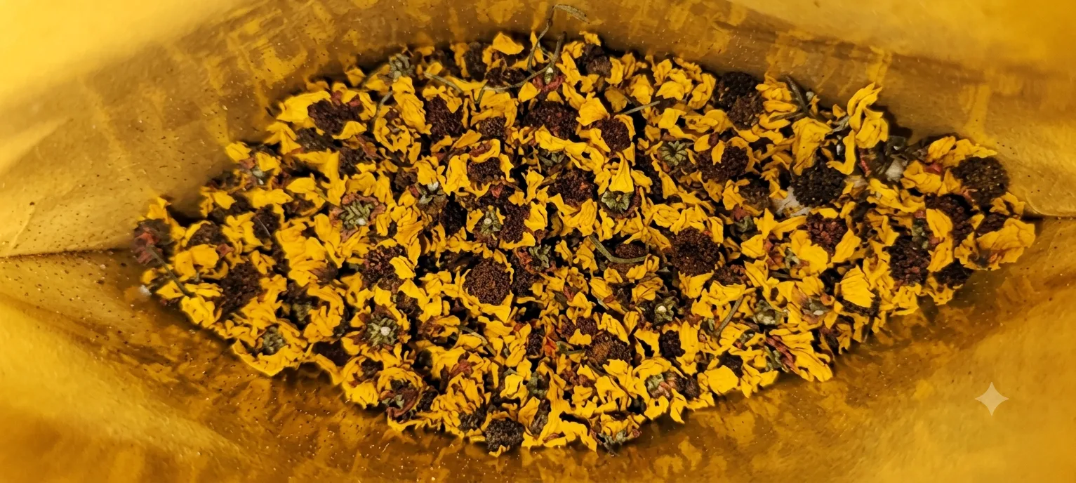 Snow chrysanthemum blooms, golden petals with dark centres, fresh in the bag