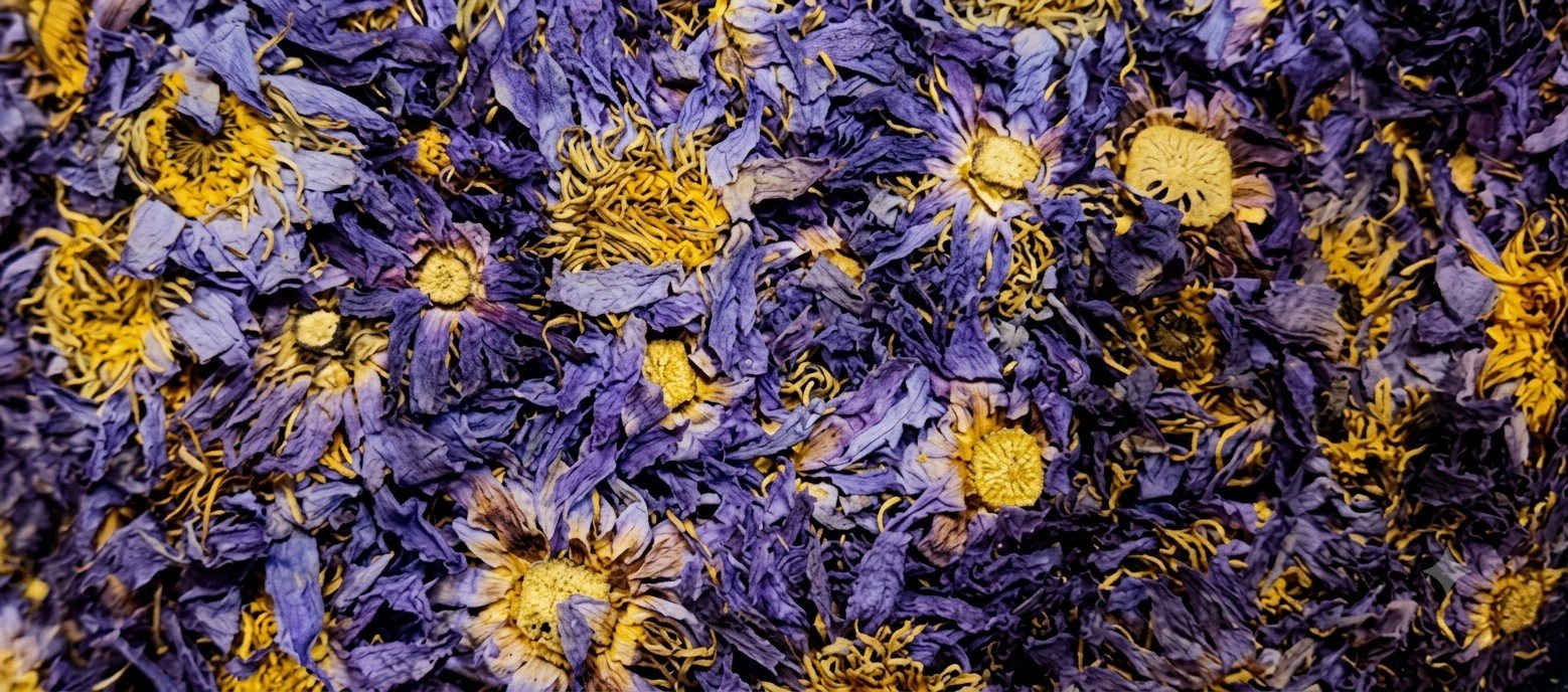 Dried blue lotus blooms, violet petals and golden centres