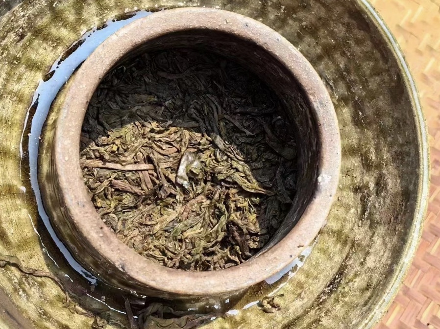 Sour pu'erh leaves fermenting in a glazed clay jar